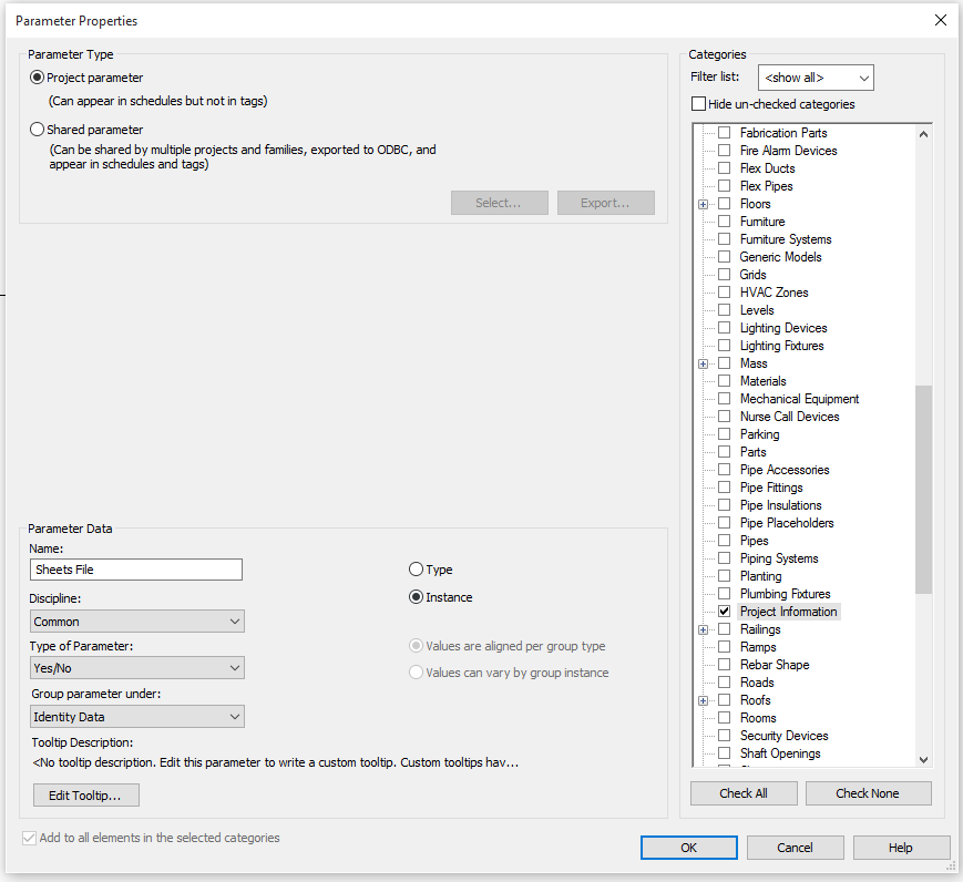 Parameter Properties — Name: Sheets File, Type: Yes/No, Instance, Category: Project Information