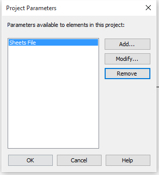 Project Parameters dialog with Sheets File listed