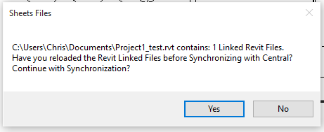 061 Sheets File — synchronization prompt asking to confirm linked files were reloaded