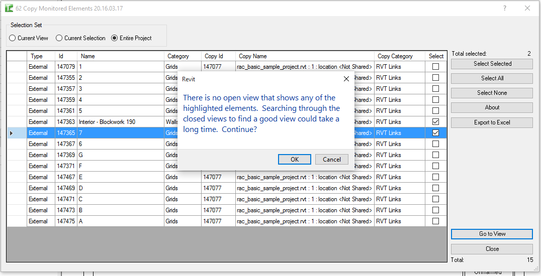 Elements selected in the grid with Go to View button