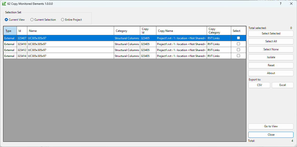Copy Monitored Elements dialog showing the elements grid