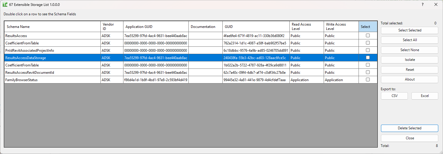 Extensible Storage List dialog showing schema grid