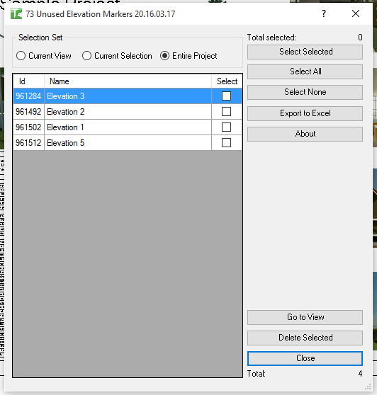 073 Unused Elevation Markers dialog