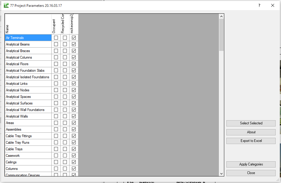 077 Project Parameters matrix