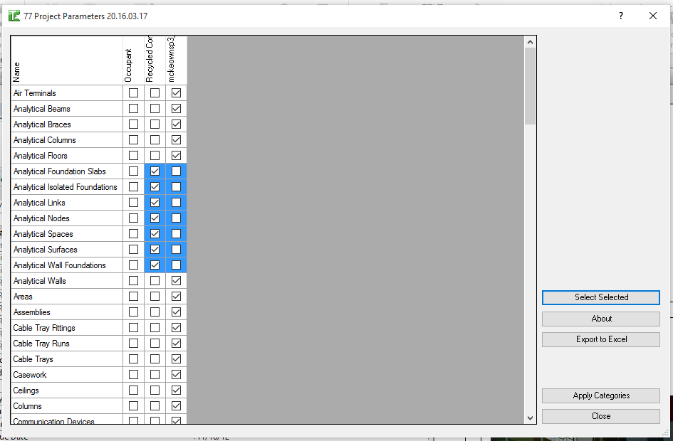 Project Parameters — full matrix view