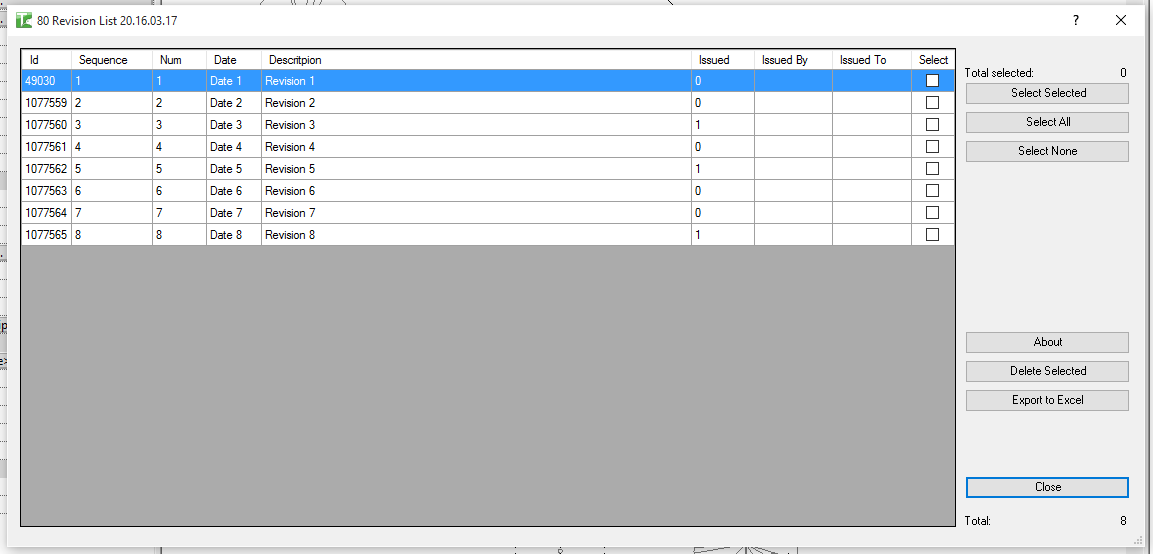 Revision List dialog showing all revisions
