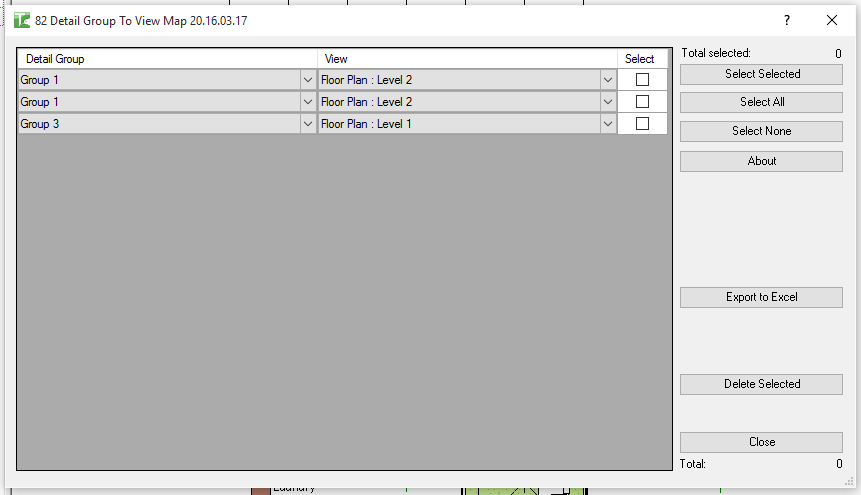Detail Group To View Map dialog showing all instances