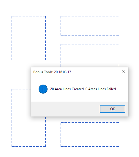 Completion message: "20 Area Lines Created. 0 Areas Lines Failed."