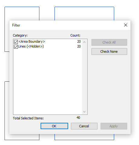 Revit Filter dialog confirming 20 Area Boundary lines and 20 hidden Detail Lines