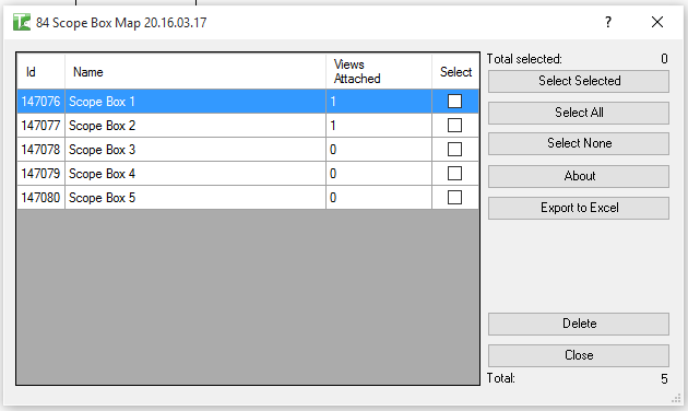Scope Box Map dialog showing all scope boxes with view counts