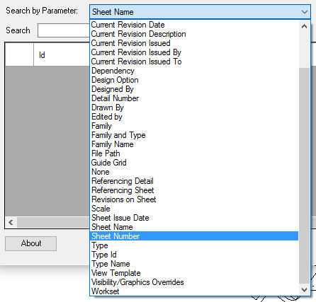 Search by Parameter dropdown open showing all parameters