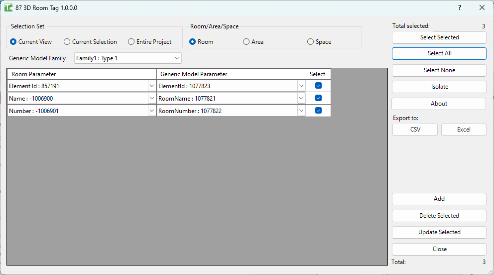 087 3D Room Tags — main dialog
