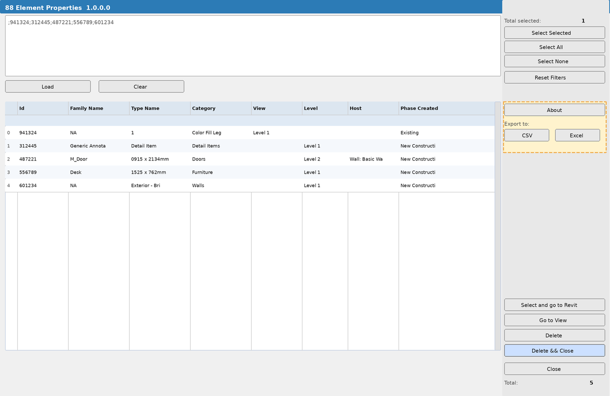Export to CSV / Excel buttons highlighted