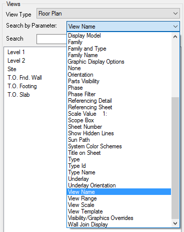 Search by Parameter dropdown showing available view parameters