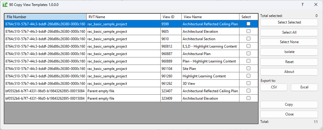 90 Copy View Templates dialog — grid listing view templates from open documents