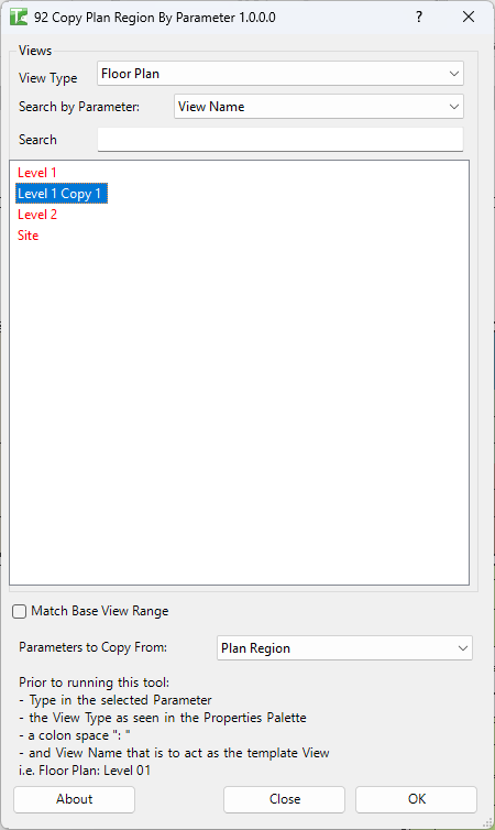 Bonus Tools Ribbon — Copy Plan Region By Parameter highlighted