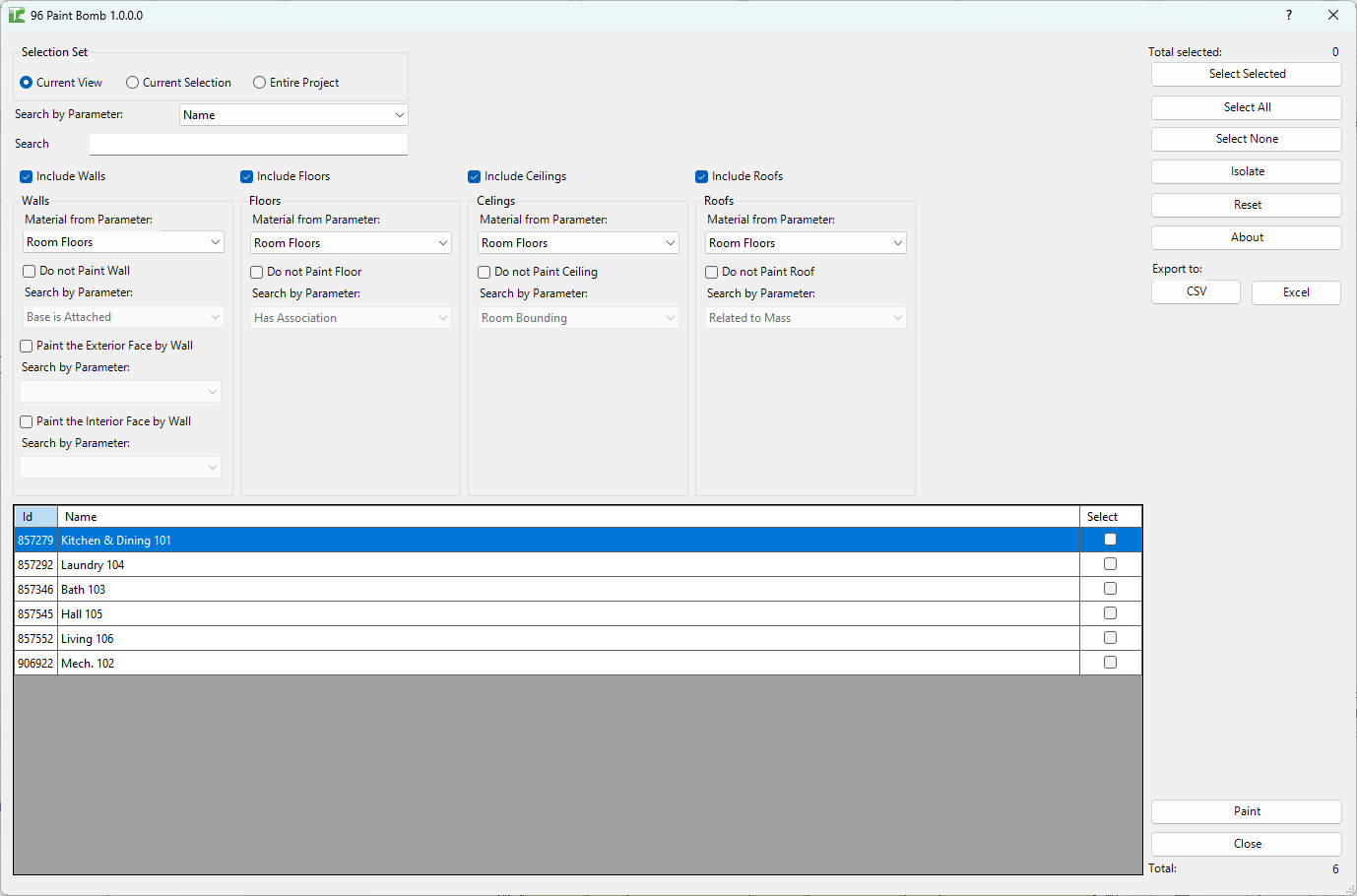 96 Room Paint Bomb dialog — room grid and surface material configuration
