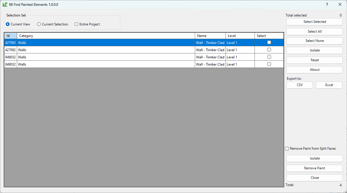 98 Find Painted Elements dialog — grid of painted elements with controls