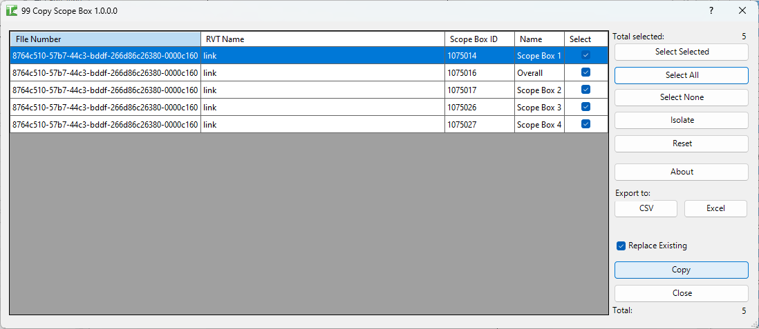 99 Copy Scope Box dialog — grid of scope boxes from open documents
